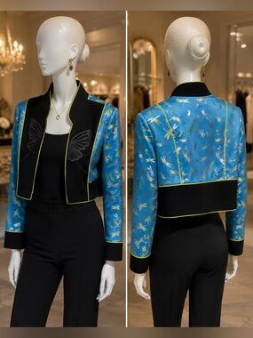 Cropped Blue Dragonfly-Print Blazer with Black Contrast Trim and tank top